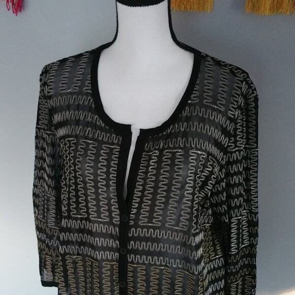 Peck & Peck Women's Black Tribal Print Sheer Button Down Shirt Size L - Picture 3 of 5